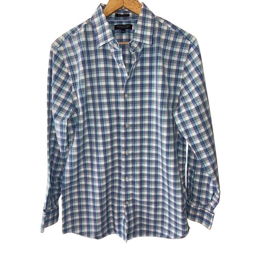Banana Republic Grant‎ Fit Button Front Shirt Supima Cotton Plaid Large Blue